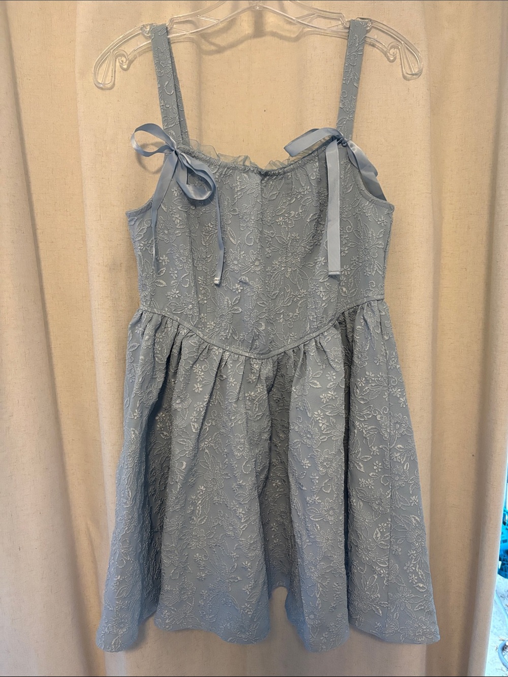 Light Blue Floral Brocade Sundress with Bow Straps